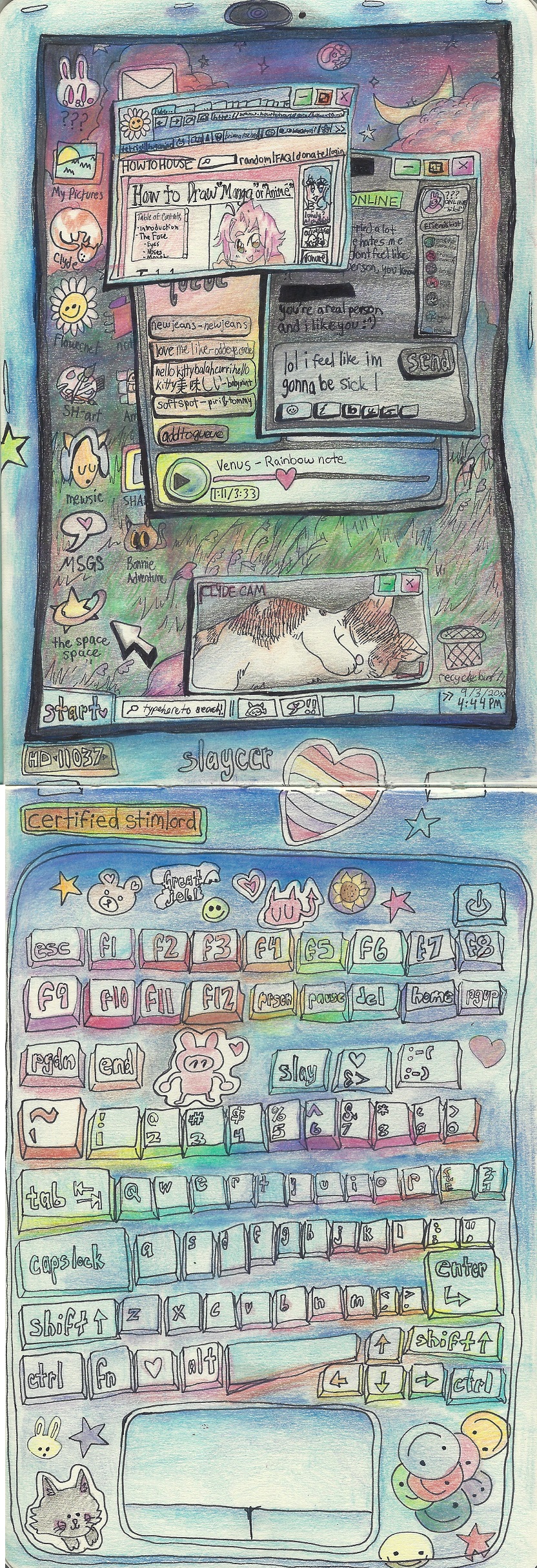 My Laptop 1, 16.6 in. x 5.8 in., colored pencil and ink on paper.